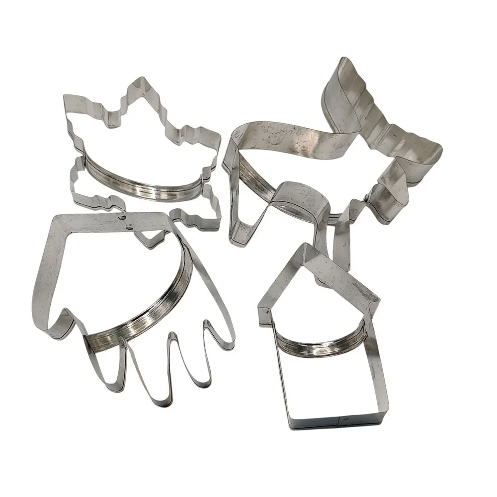 Large Vintage Cookie Cutters Snowflake Moose Hand House with Handles Set of Four